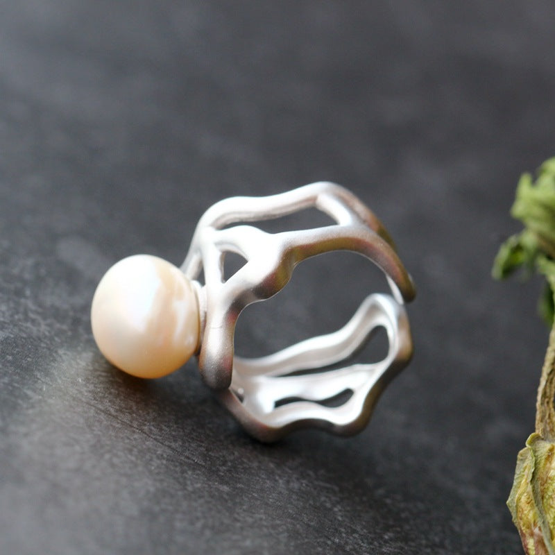Hand Inlaid Natural Baroque Pearl Ring 925 Sterling Silver Female Ring