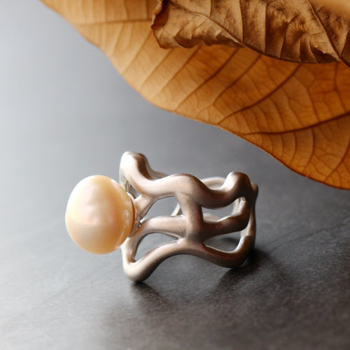 Hand Inlaid Natural Baroque Pearl Ring 925 Sterling Silver Female Ring