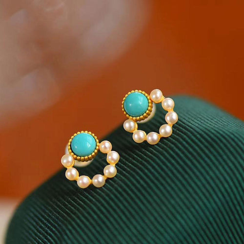 Turquoise Stud Earrings Pearl Circle Earrings