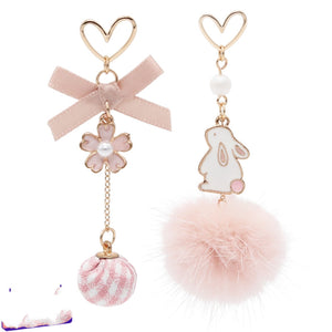 Rabbit Cherry Blossom  925 Silver Soft Cute Japanese Cute Hair Ball Earring Female Asymmetric Earrings Ear Clip Accessories