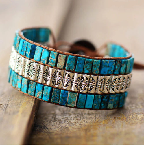 Bracelet Turquoise Antique Metal Bead Braided Bracelet