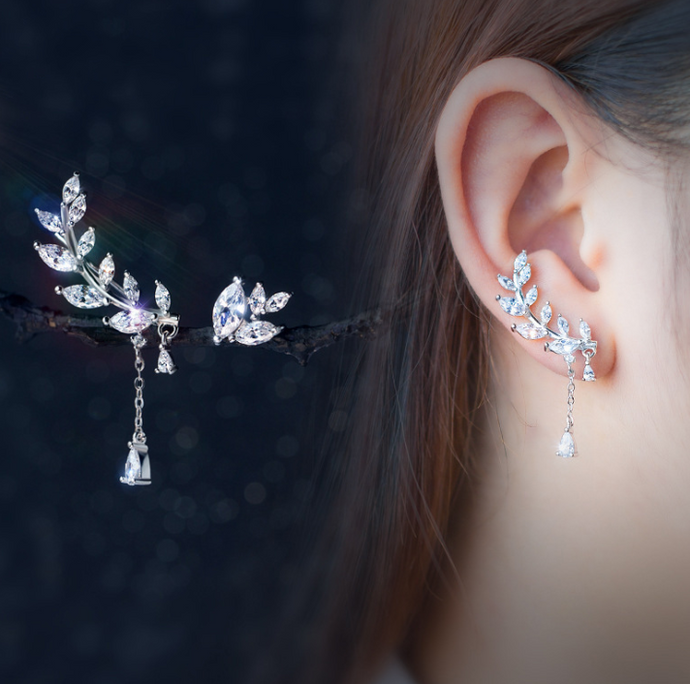 925 Silver Earrings sweet Korean female asymmetrical earrings earrings earrings diamond leaves leaves E0629