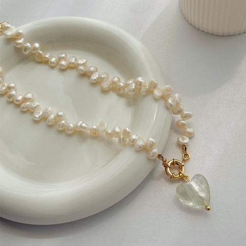 Women's Irregular Natural Pearl Love Glass Necklace