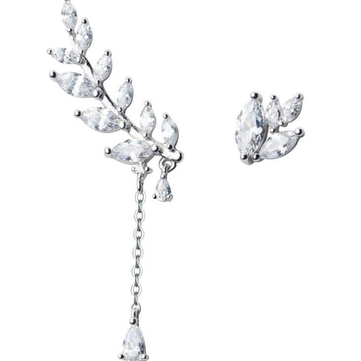 925 Silver Earrings sweet Korean female asymmetrical earrings earrings earrings diamond leaves leaves E0629