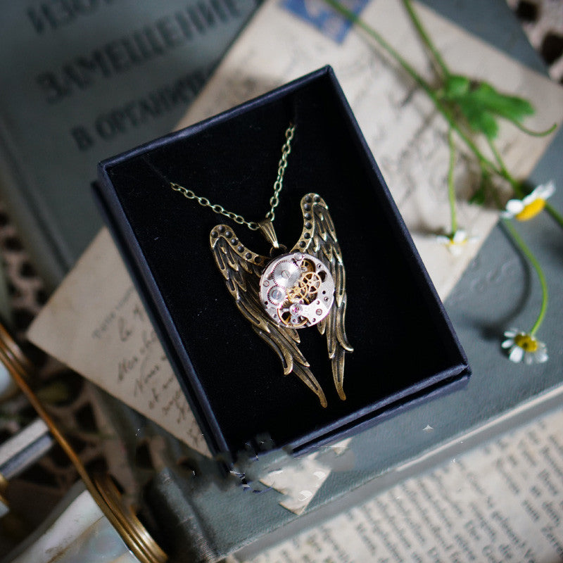 Vintage Steampunk Mechanical Watch Angel Wings Necklace